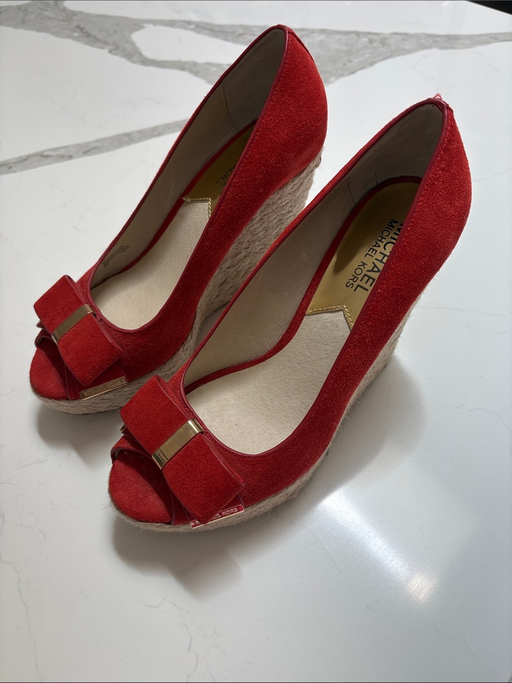 Michael Kors Red Suede Peep-Toe Espadrille Wedges with Bow